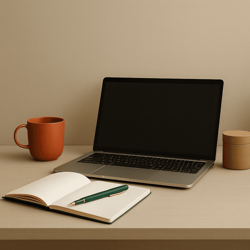 Desk setup with laptop, mug, notebook, and pen